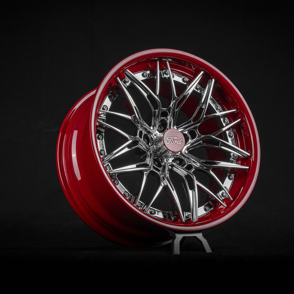 Custom 1963 Ford Galaxie wheels 18x9 front view – chrome & dark red