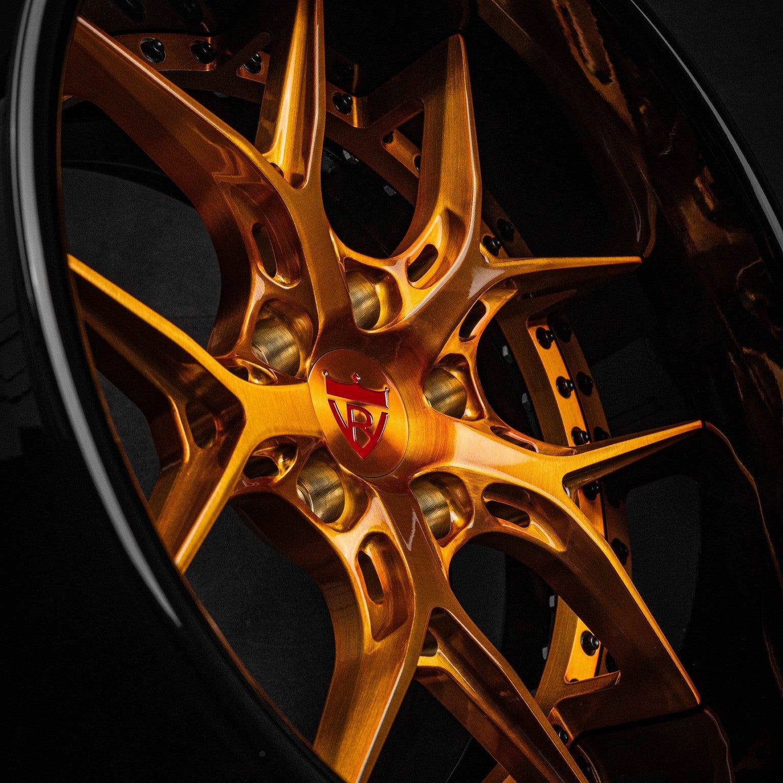 Close-up of custom forged copper black RVRN Wheels on a 1967 Chevy Camaro, model DR08D, showcasing intricate design details.