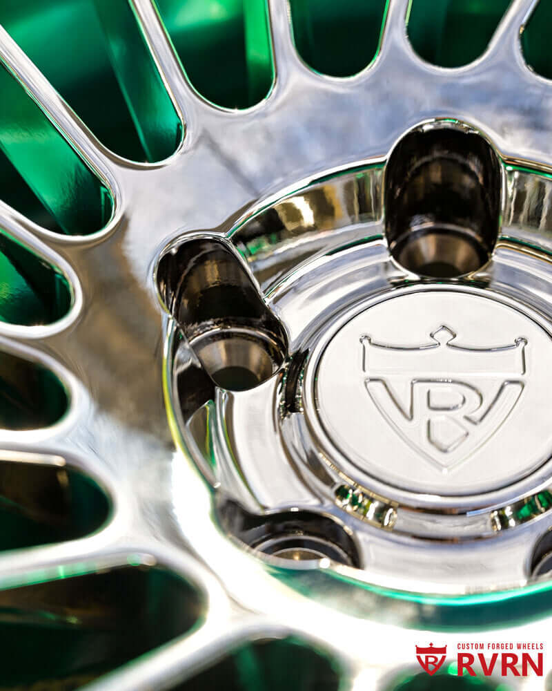 Custom chrome and polished green wheels for 1985 Monte Carlo by RVRN