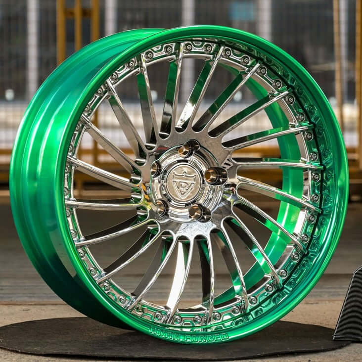 1985 Monte Carlo custom wheels RV-DN01 front view chrome spoke polished green barrel