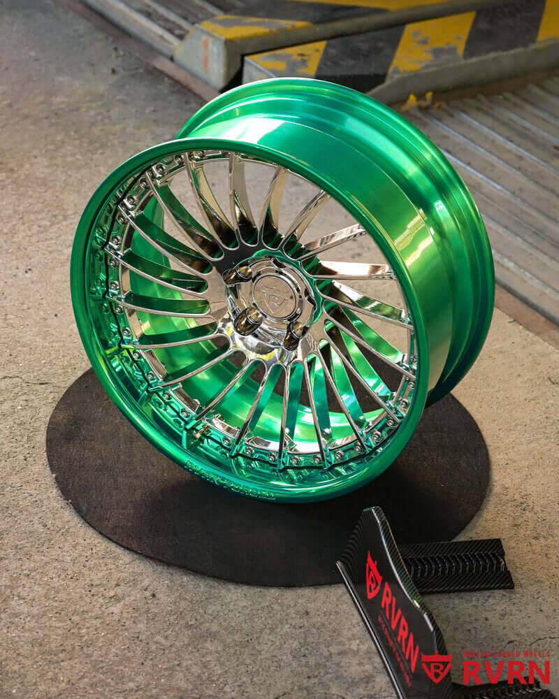Custom chrome and polished green wheels for 1985 Monte Carlo by RVRN