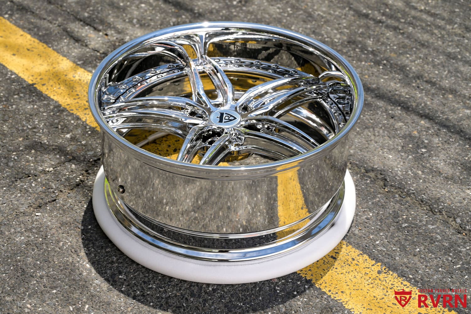 Custom forged chrome wheels RV-DP03 closeup for 1990 Chevy Silverado