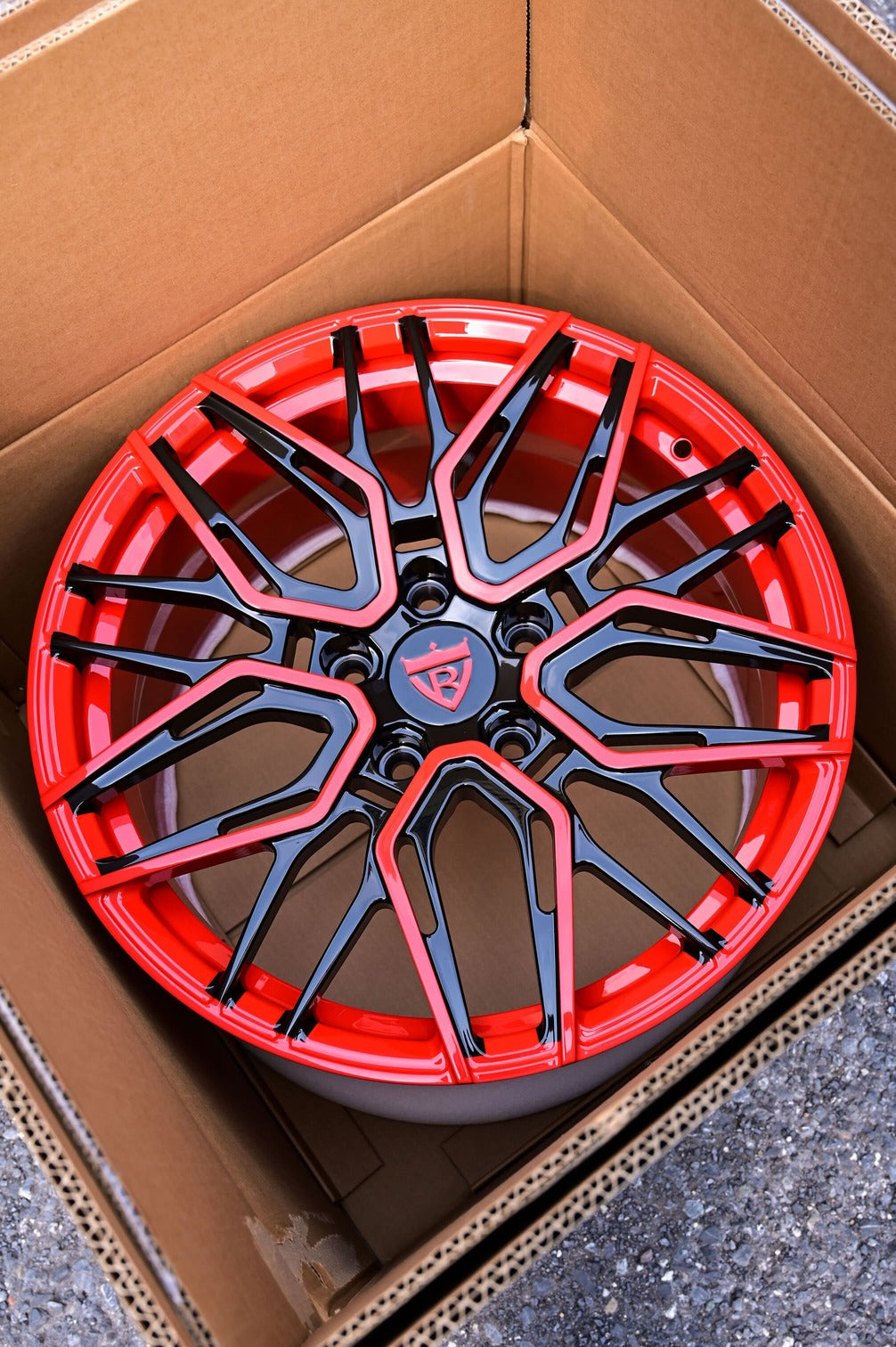 18x9.5 rear staggered red & black wheels on a Corvette C5 Coupe.