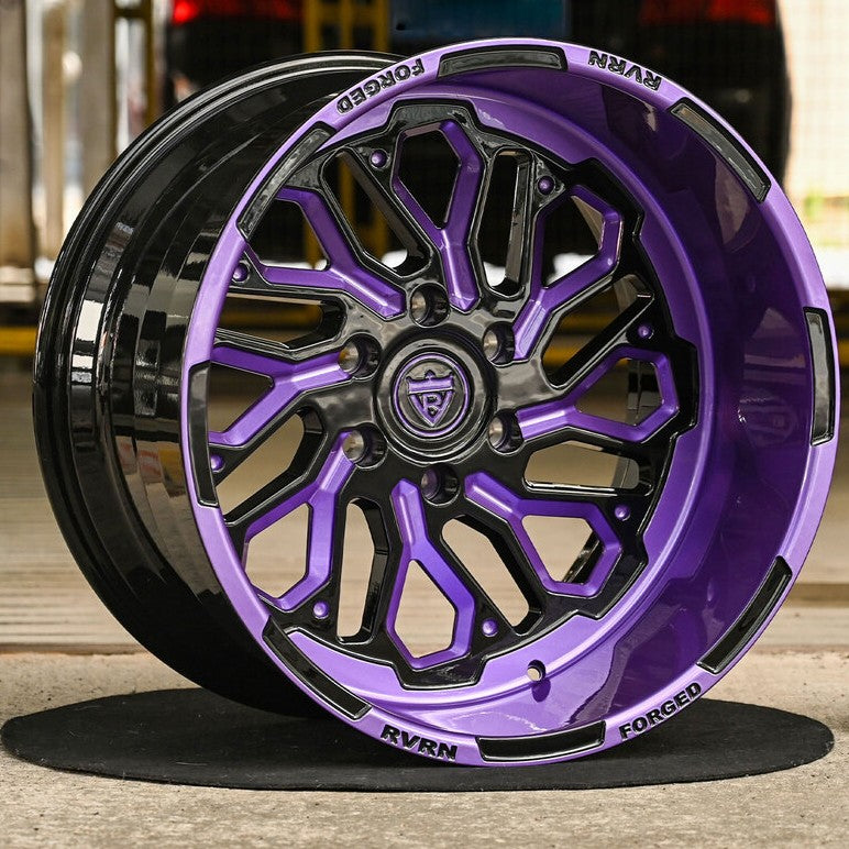 Wide forged truck wheel for lifted Silverado – RVRN MH01 gloss black with purple finish