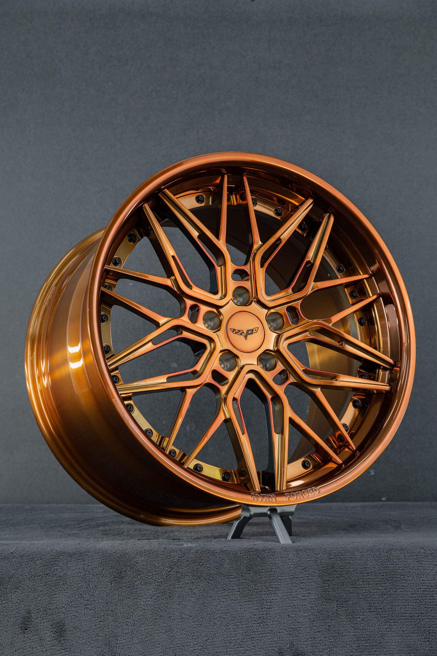 21x12 rear custom deep dish polished bronze Corvette C6 wheels.