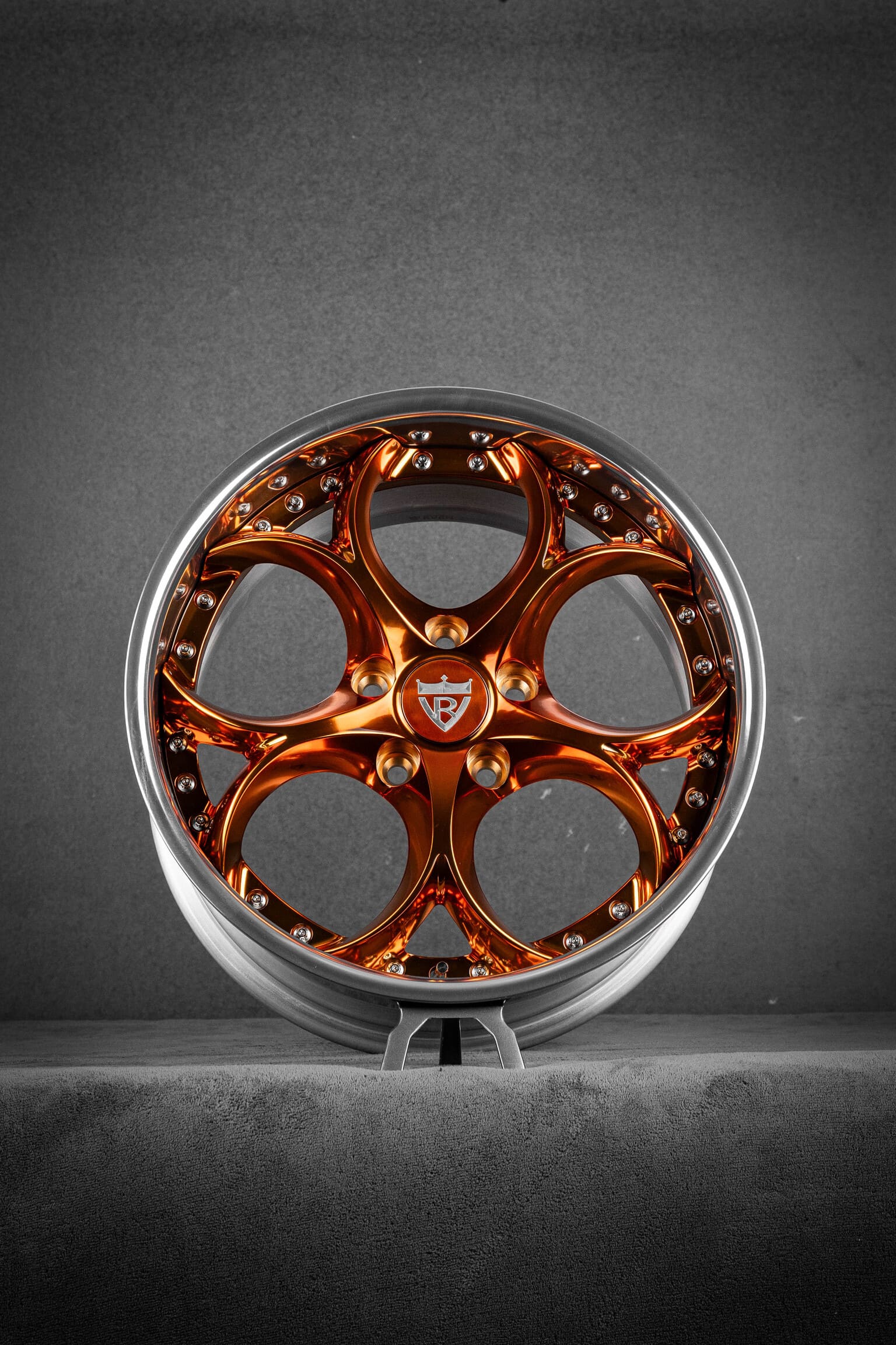 Custom Corvette C6 forged wheels with orange face and polished chrome lip