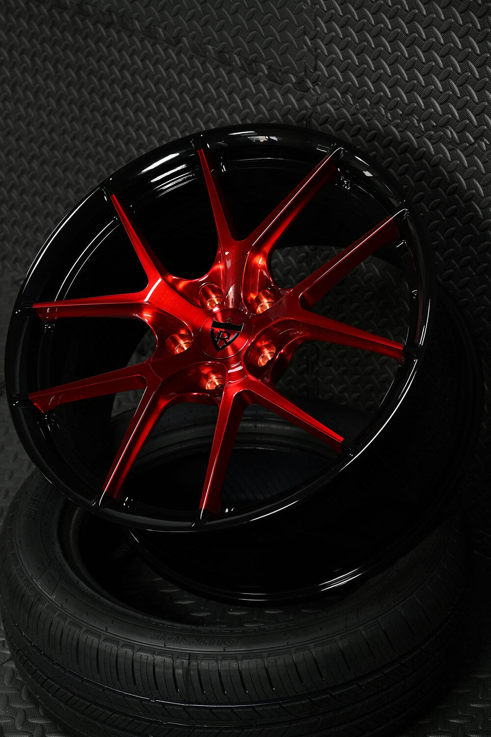 One-piece red forged RV-MR05 rims for Corvette C7 Z51 build.