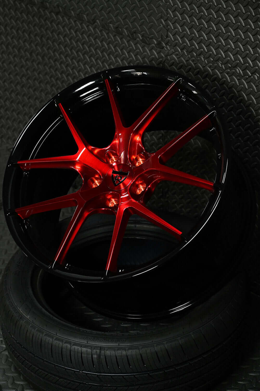 Custom forged red RV-MR05 wheels on 2014 C7 Corvette Z51.