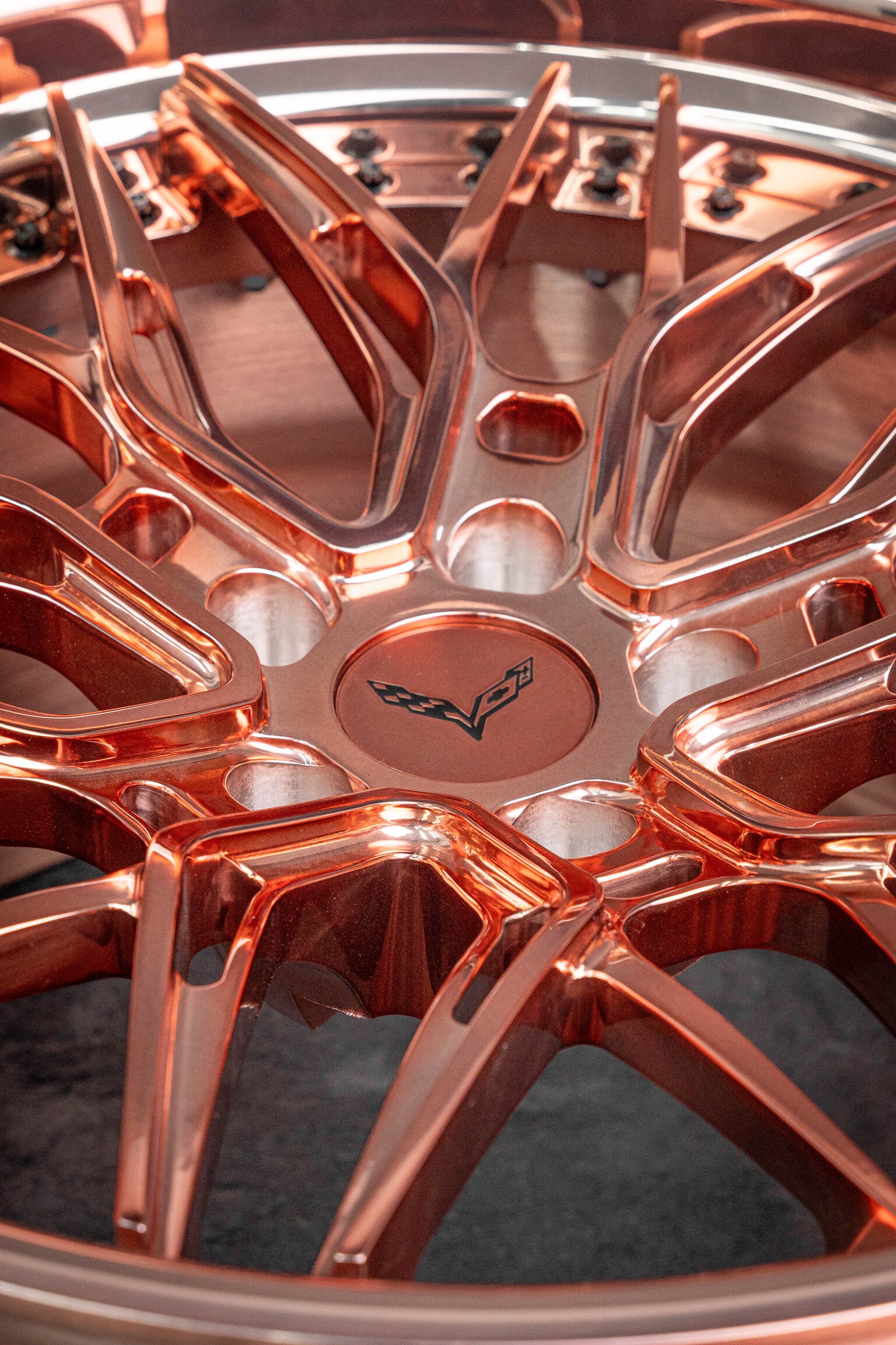 Custom rose gold forged wheels on 2014 C7 Corvette Stingray, front side view