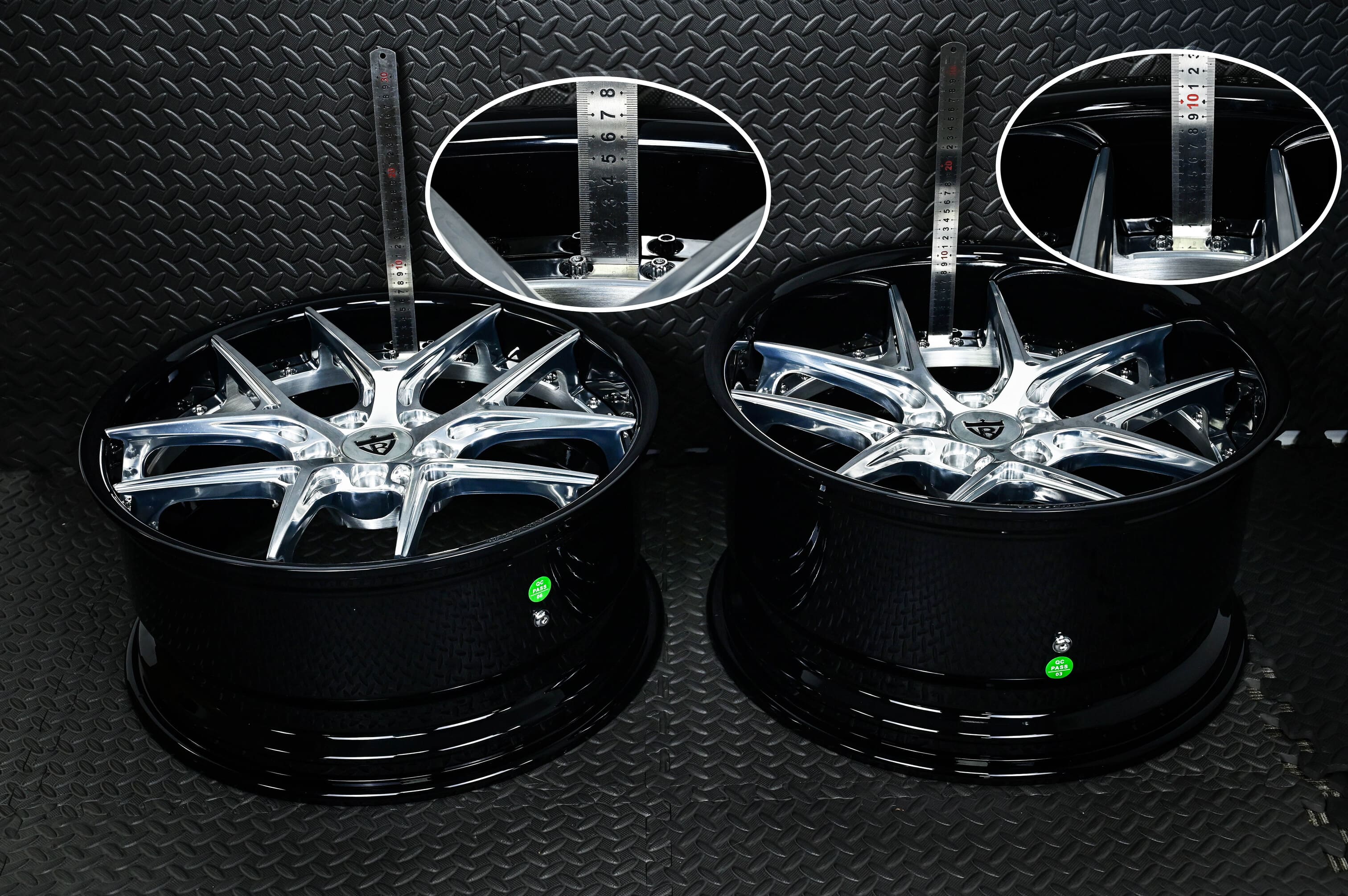 Close-up of polished lip deep dish custom forged wheel