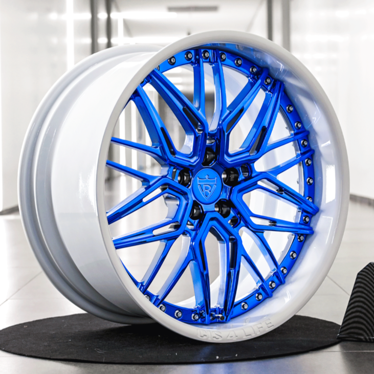 Jaguar F Type custom wheels RV-T081 Blue Chrome Pearl White front view 20x9 20x10.5