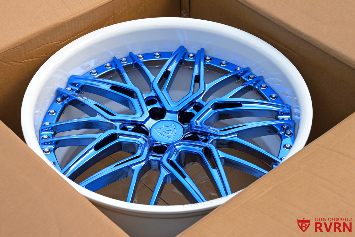 Jaguar F Type wheels RV-T081 custom forged 2-piece design Blue Chrome White