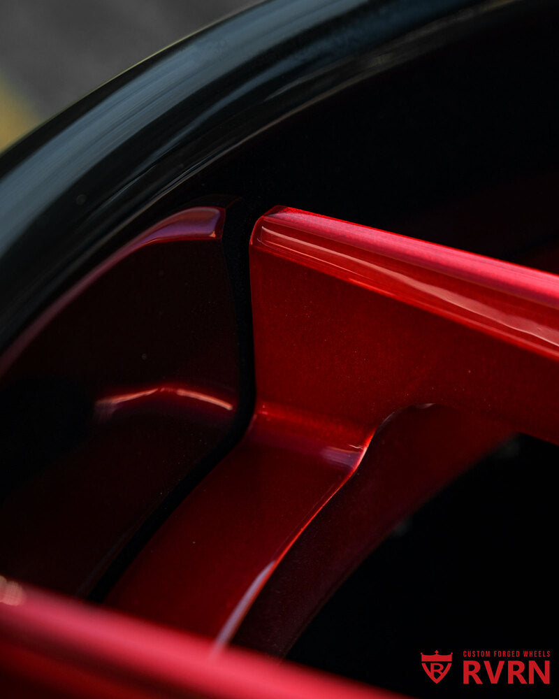 Forged red and black rims designed for C7 Z06 Corvette