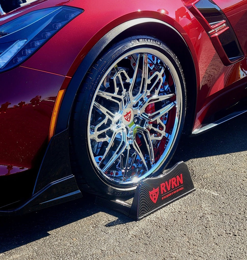 Front angle of C7 Corvette Grand Sport with RVRN RM-01 custom chrome wheels