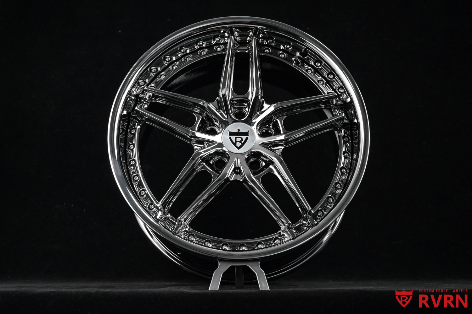 Close-up detail of custom 5 spoke chrome wheels for C7 Corvette
