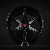 Glossy black custom-forged 2-piece wheel with red center cap, perfect for Dodge charger hellcat, available in 17"-26" sizes