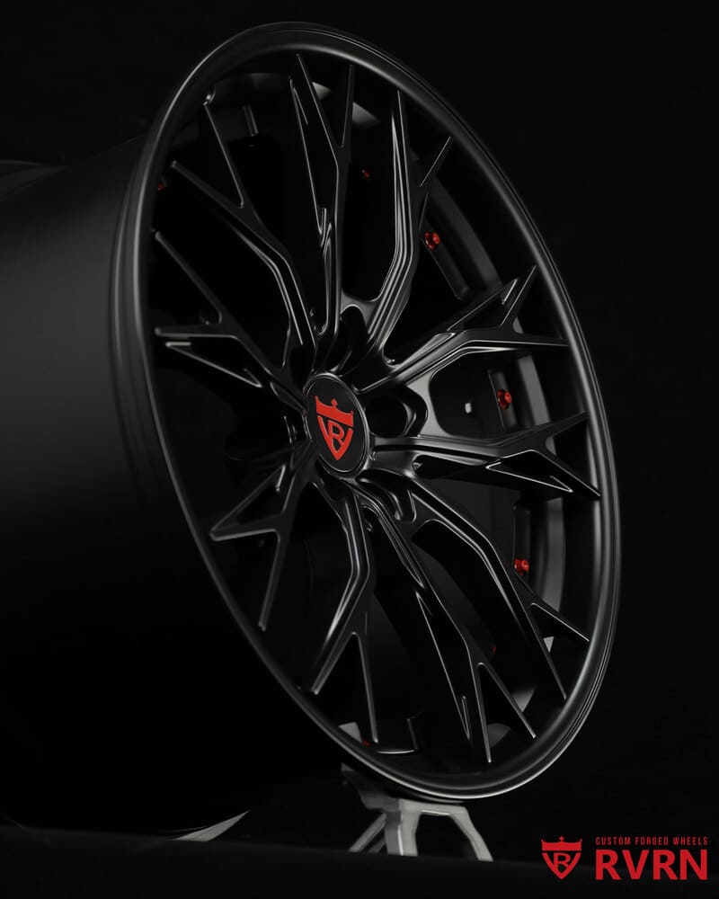 Detailed view of RV-DC04 custom matte black forged wheels on a 2020 Camaro.