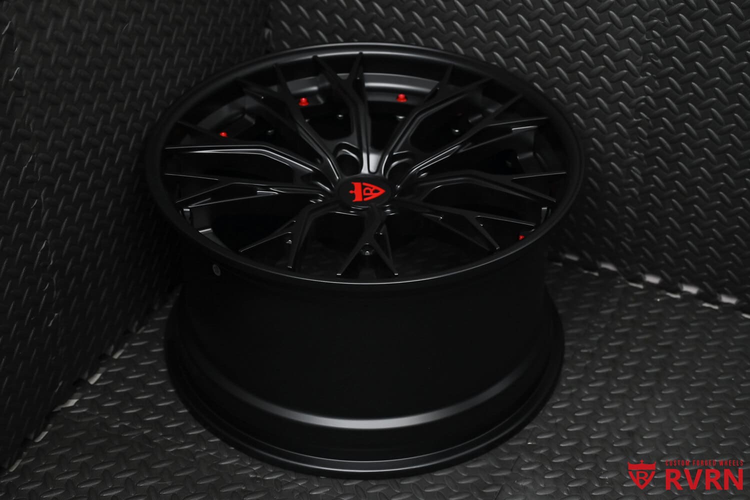 Front view of RVRN RV-DC04 custom matte black forged wheels for 2020 Camaro.