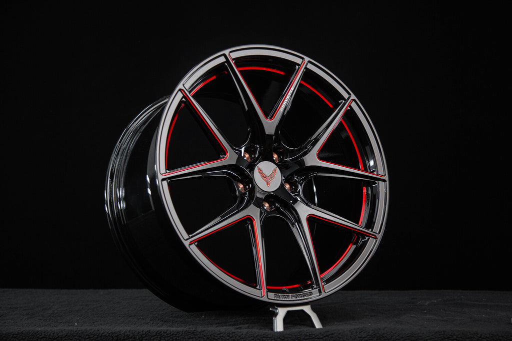Corvette C8 aftermarket wheels gloss black barrel with red trim