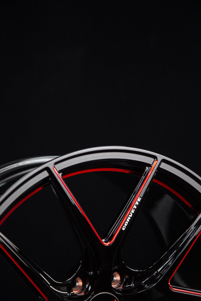 2022 Corvette aftermarket wheels black and red custom forged