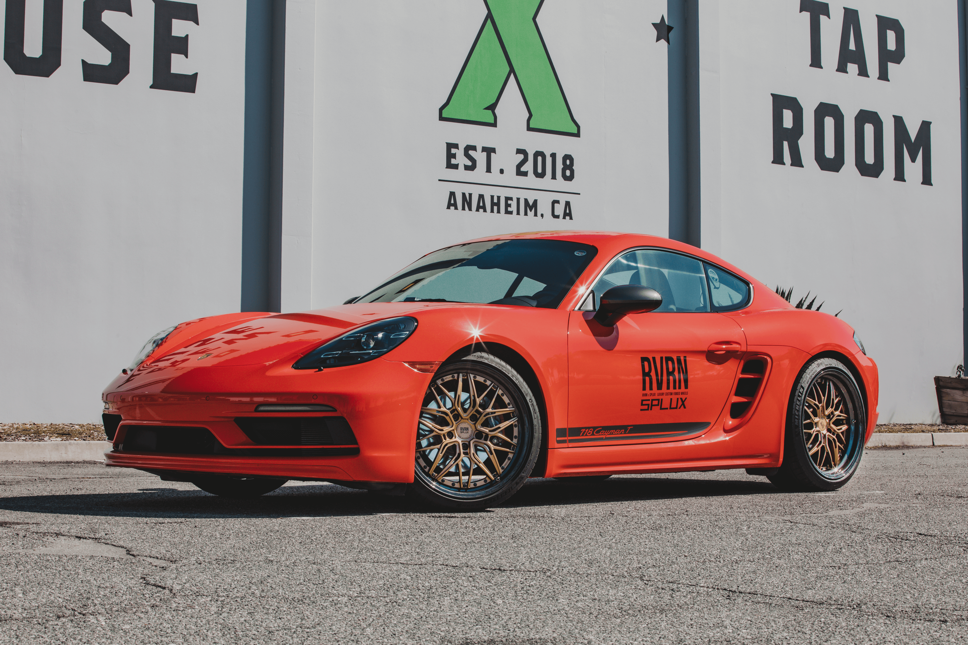 Forged Porsche Cayman wheels RV-T081 matte bronze spoke rear angle view