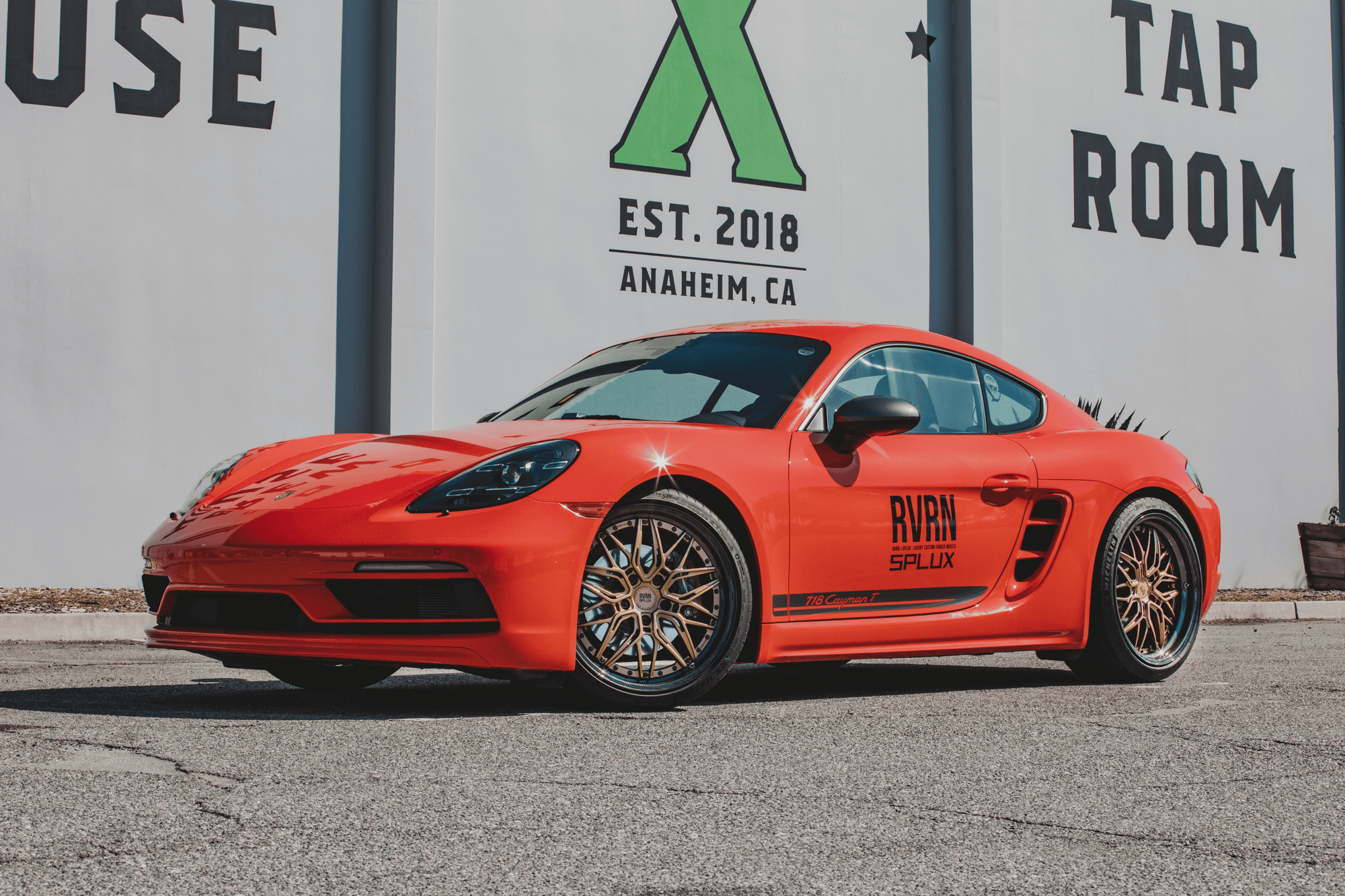 Forged Porsche Cayman wheels RV-T081 matte bronze spoke rear angle view