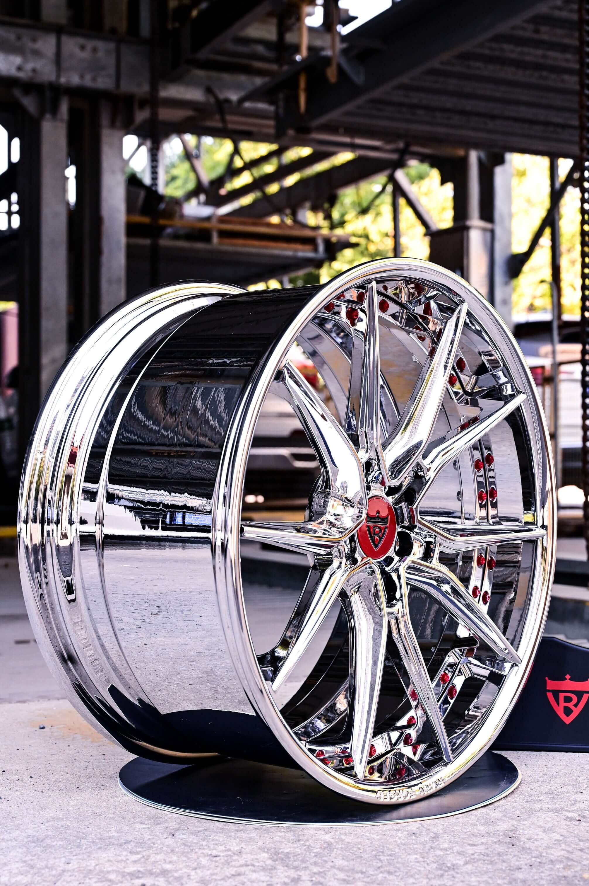 Chrome wheels for C8 Corvette, featuring a sleek design with a polished finish perfect for 2021 Corvette models.