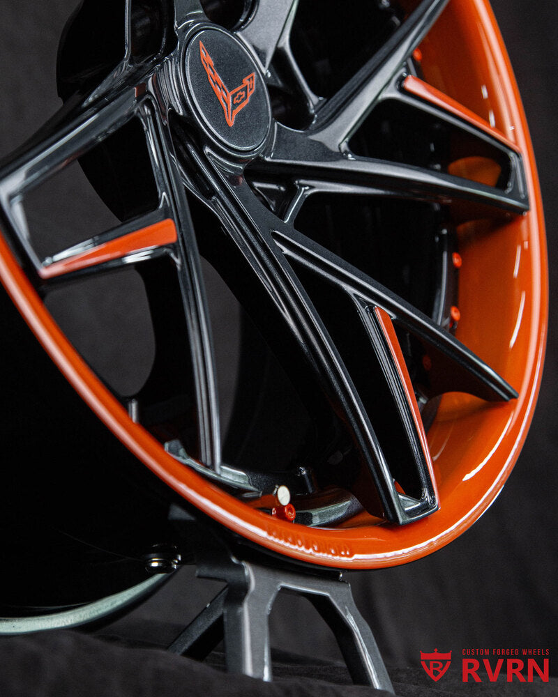 Rear quarter angle of C8 Corvette with forged RV-DS74 wheels