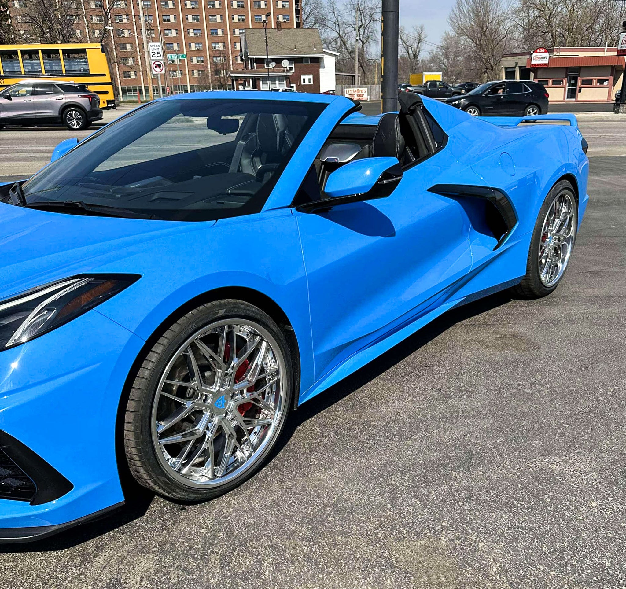 Close-up of forged polished aluminum wheels for Corvette C8 Z51
