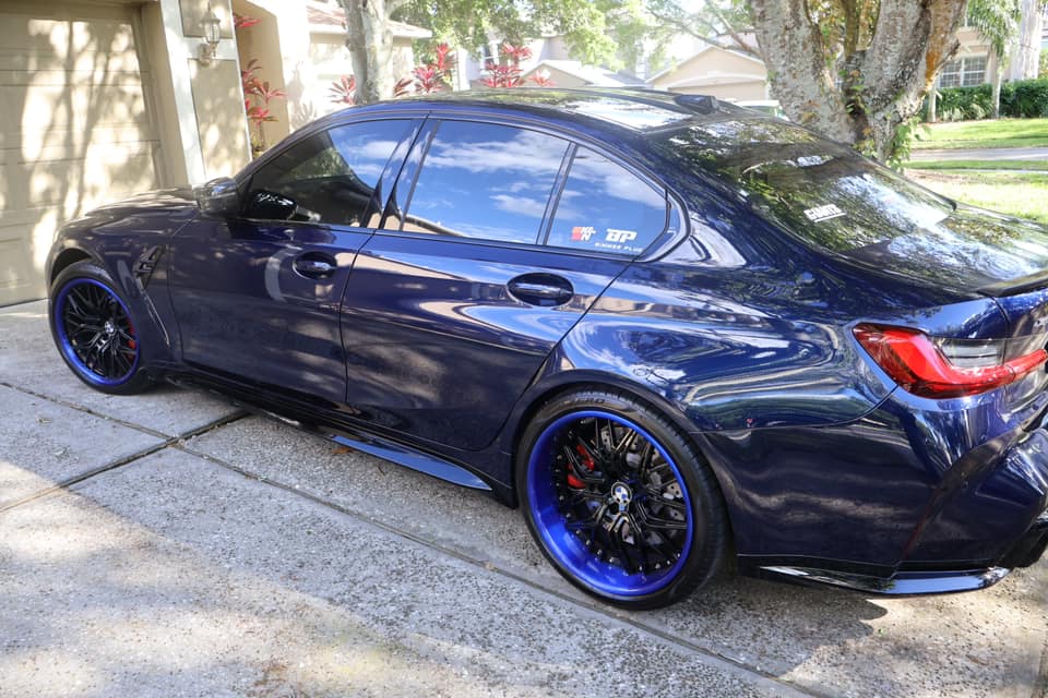 2018 BMW M3 Competition custom wheels-deep dish blue forged 2-piece rims to match the car's color