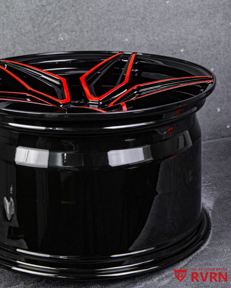 Custom-built RV-MC07 red and black forged wheels for Camaro ZL1