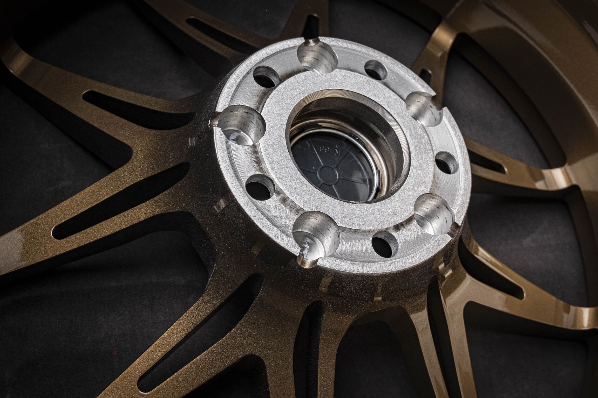 Rear angle showcasing concave deep dish bronze wheels for Camaro SS