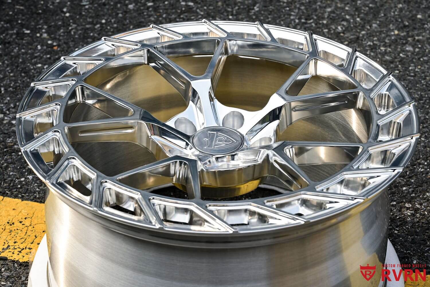 Deep lip design on polished RV-MC23 forged wheels for Corvette C8 aftermarket upgrade.