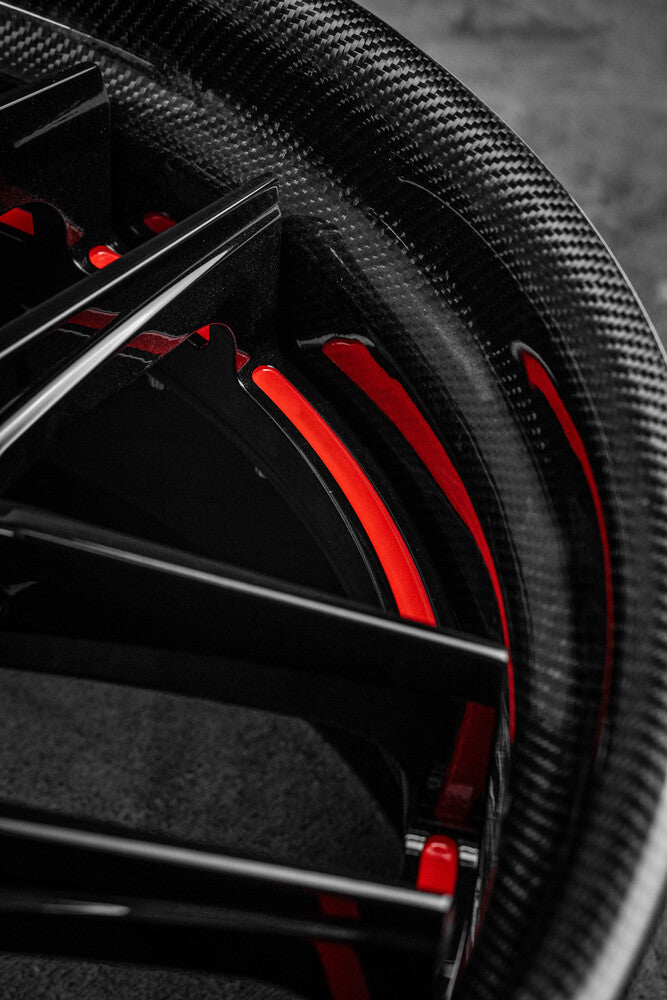 Front shot of RV-DR08D gloss black Shelby Super Snake wheels