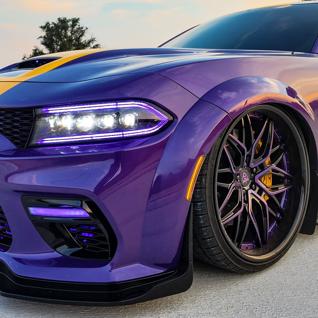 Dodge Charger Widebody with purple and black wheels, featuring deep dish custom forged rims and sport styling.