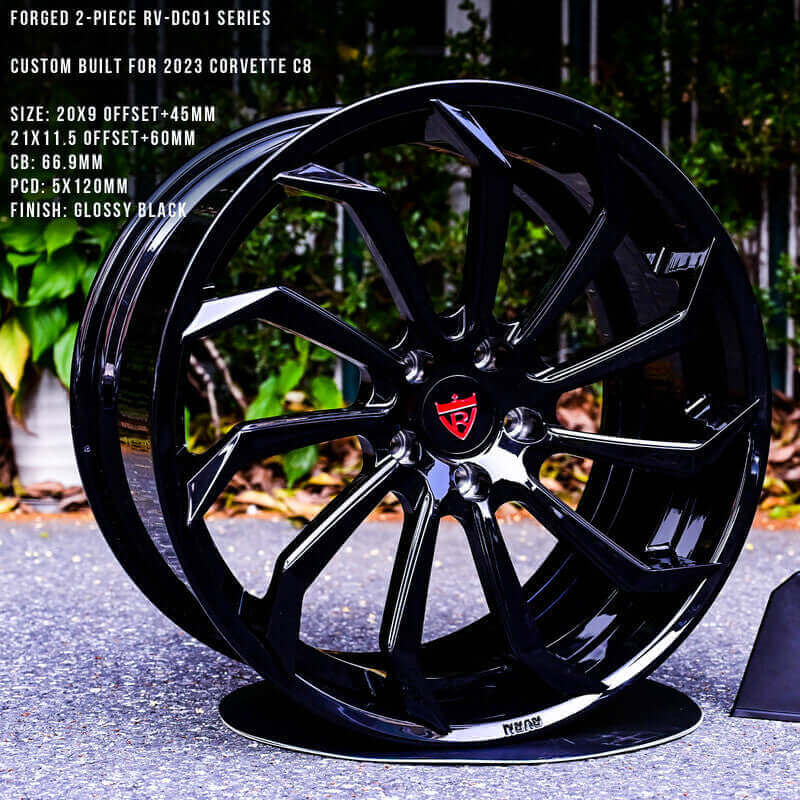 Custom forged 2-piece wheels RV-DC01 series for 2023 Corvette C8, glossy black finish, 20x9 and 21x11.5 staggered fitments, aggressive style