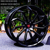 Custom forged 2-piece wheels RV-DC01 series for 2023 Corvette C8, glossy black finish, 20x9 and 21x11.5 staggered fitments, aggressive style