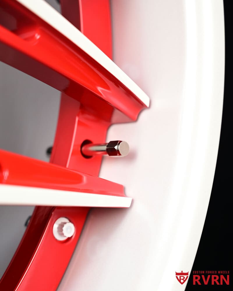Detail of custom red screws on RV-T081 wheels for 2024 Corvette