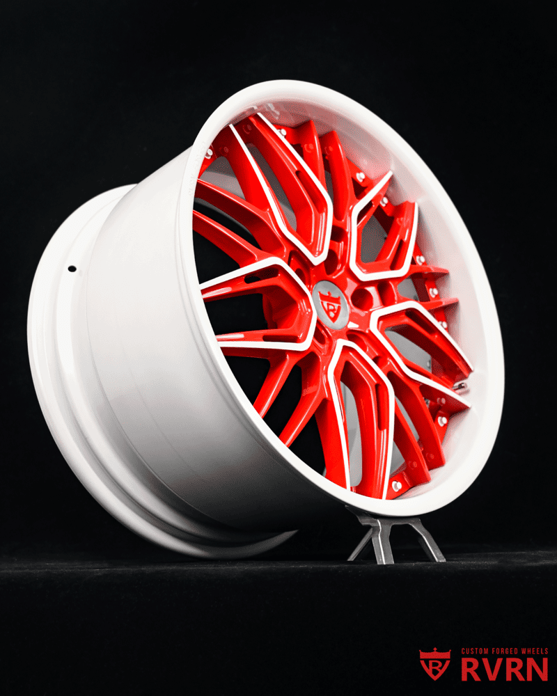 Side view of 2024 Corvette C8 with red and ivory white RVRN RV-T081 wheels