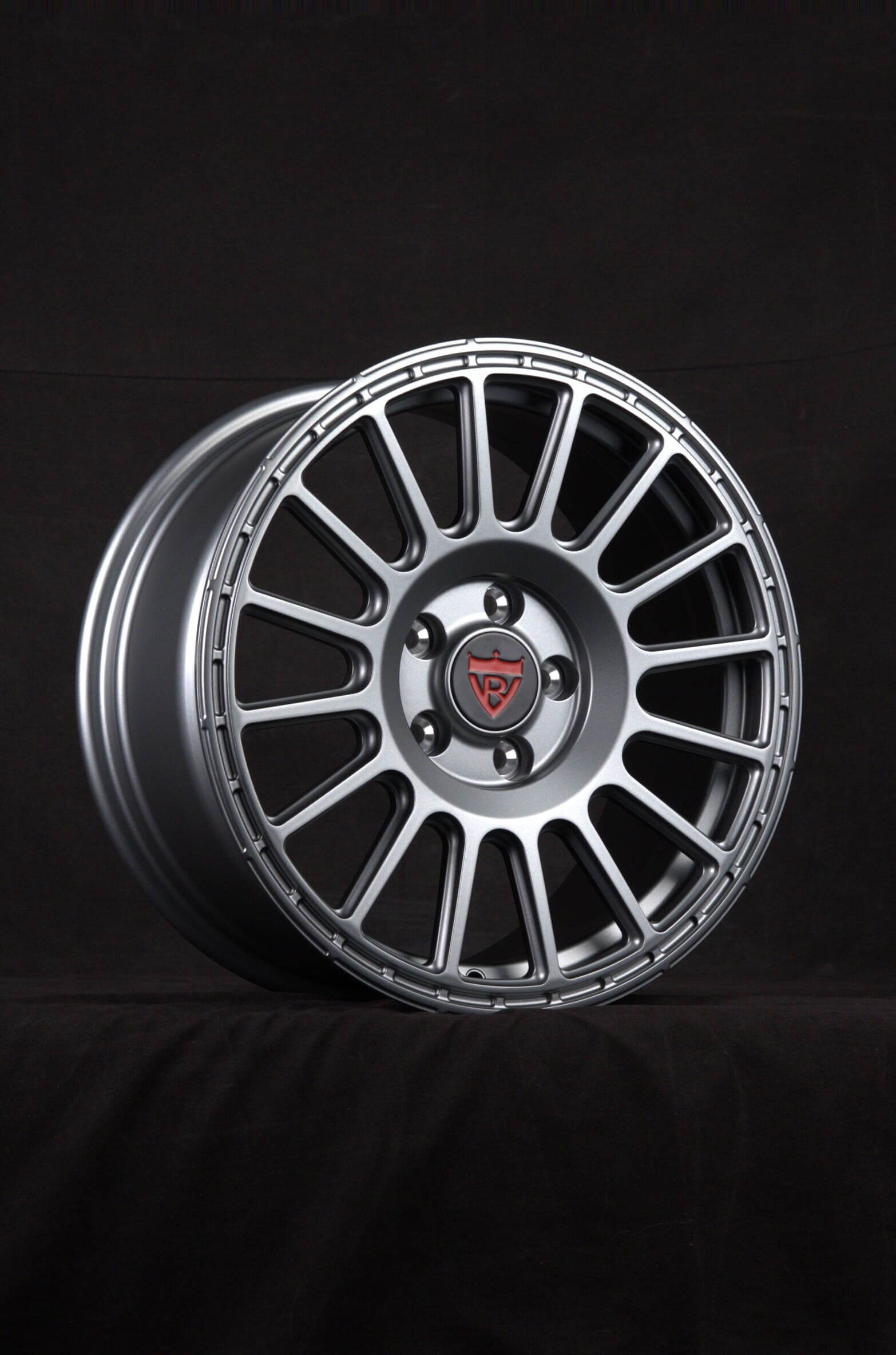 Close-up of RVRN forged 17x8 Toyota truck wheel in matte gunmetal