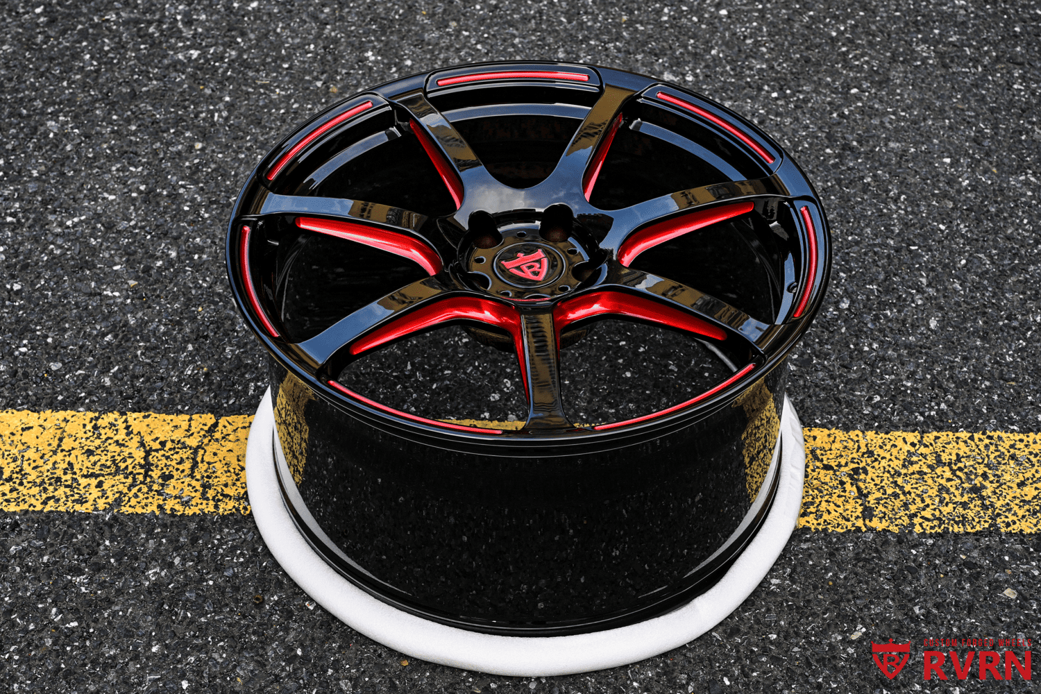 Custom black and red forged wheels for 2025 Corvette C8 Stingray.