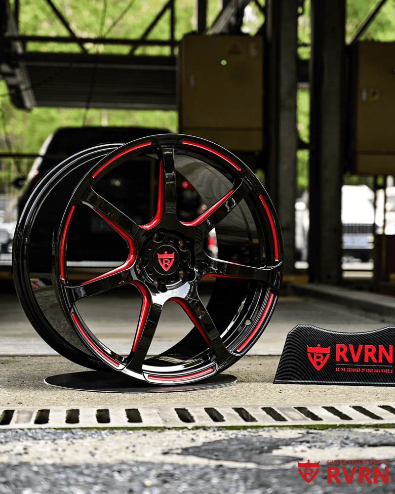 Corvette C8 custom forged wheels in black and red finish.