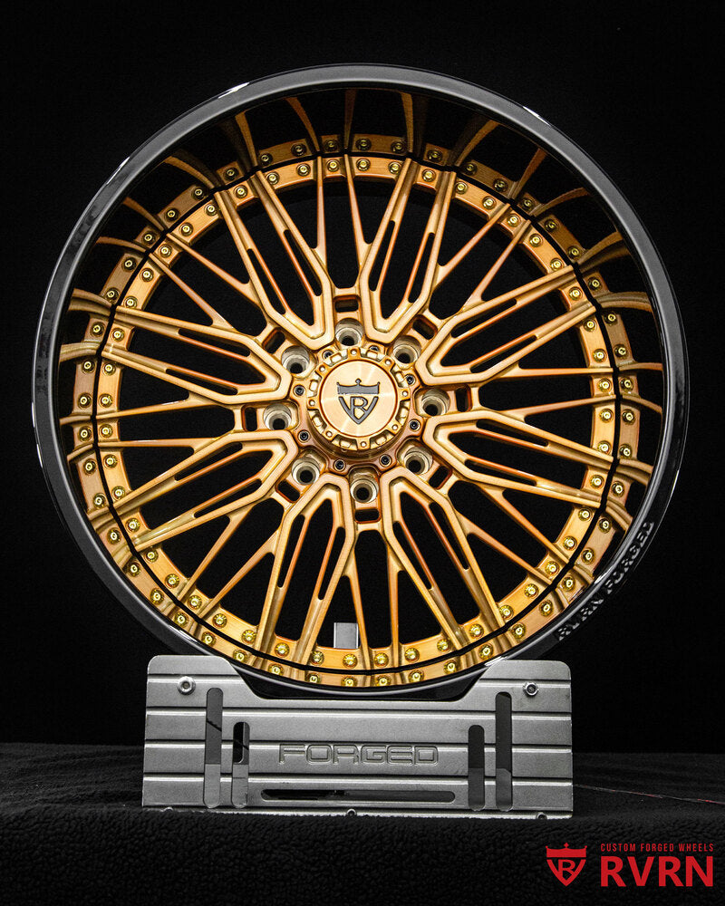 Close-up of bronze transparent spokes on forged truck wheels