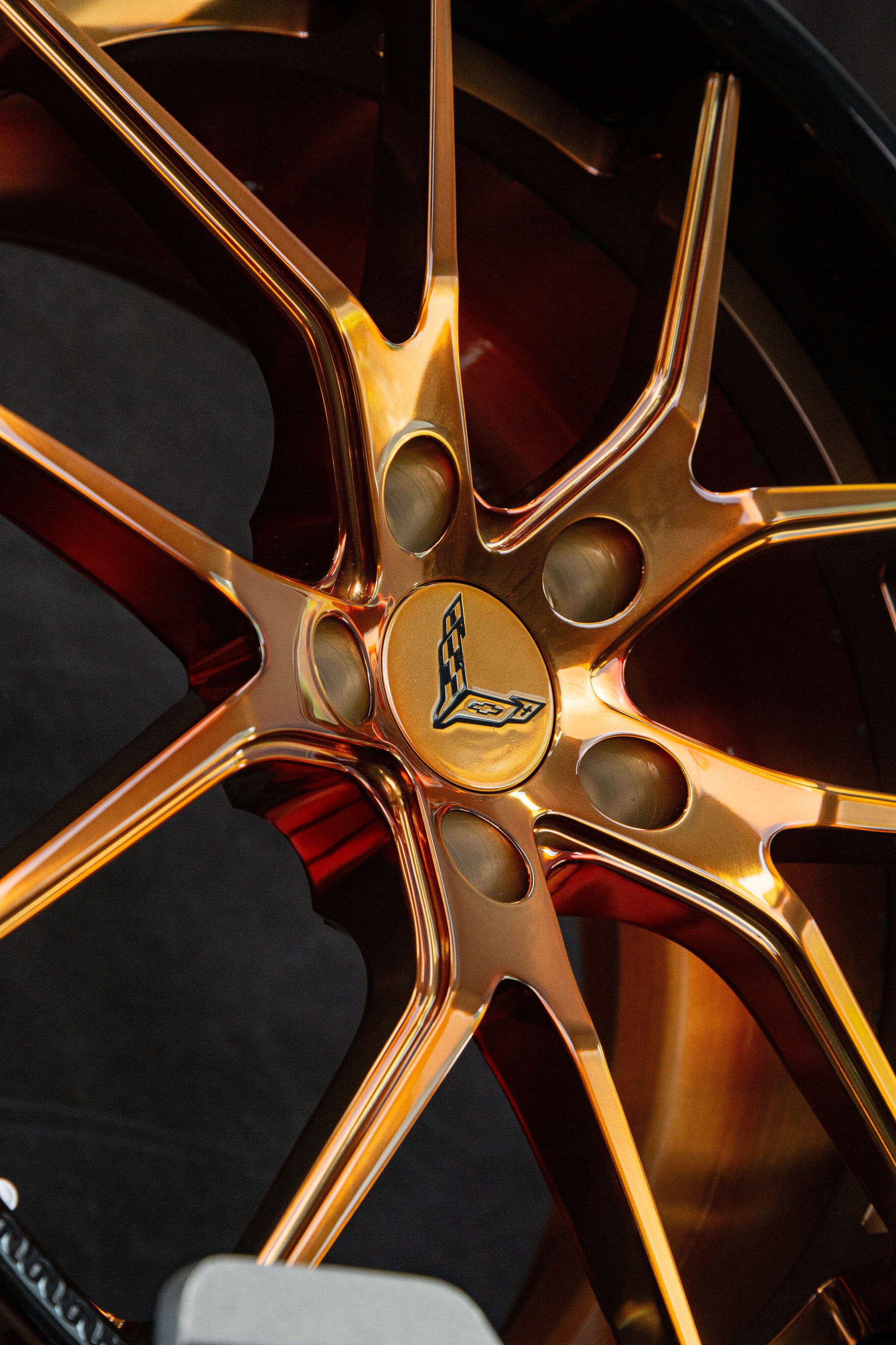 Polished bronze Corvette C8 Z51 wheel close-up