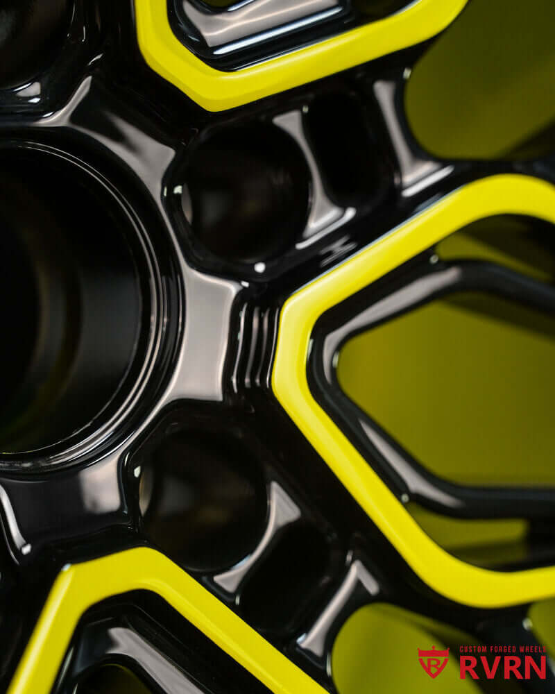 Side profile of Corvette C8 Z06 with forged black and yellow wheels