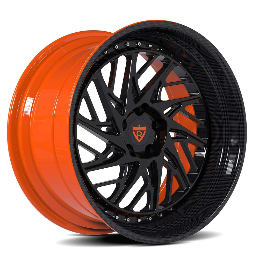 Black and orange custom 3-piece wheels RV-C13 by RVRN Wheels, tailored for enthusiasts who demand quality and style. Custom made to order for any vehicle, 20inch / 21inch rims