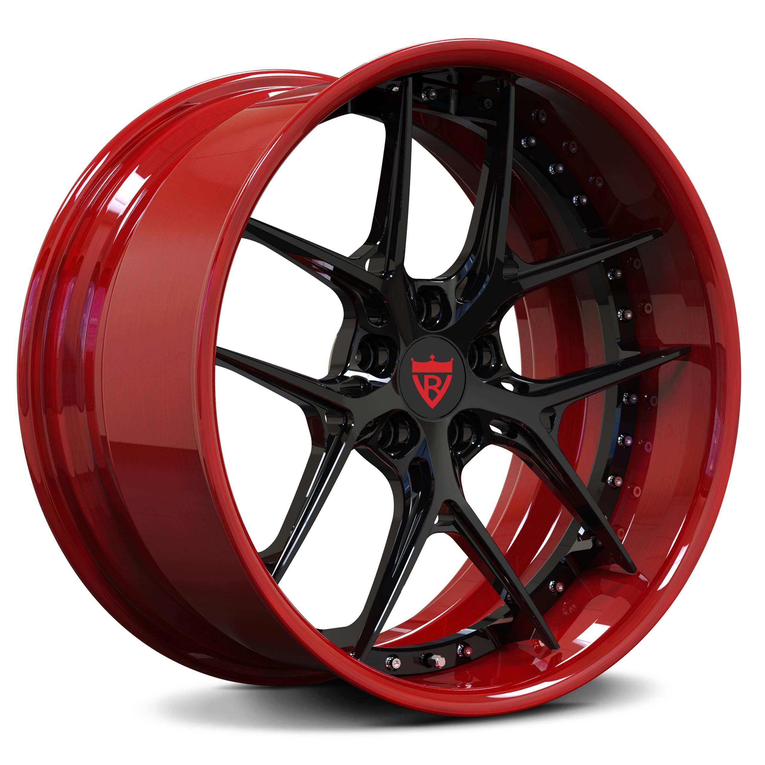 Custom forged wheels RV-DR08 in red and black with deep concave, suitable for Corvette C7/C8, showcasing sporty elegance.