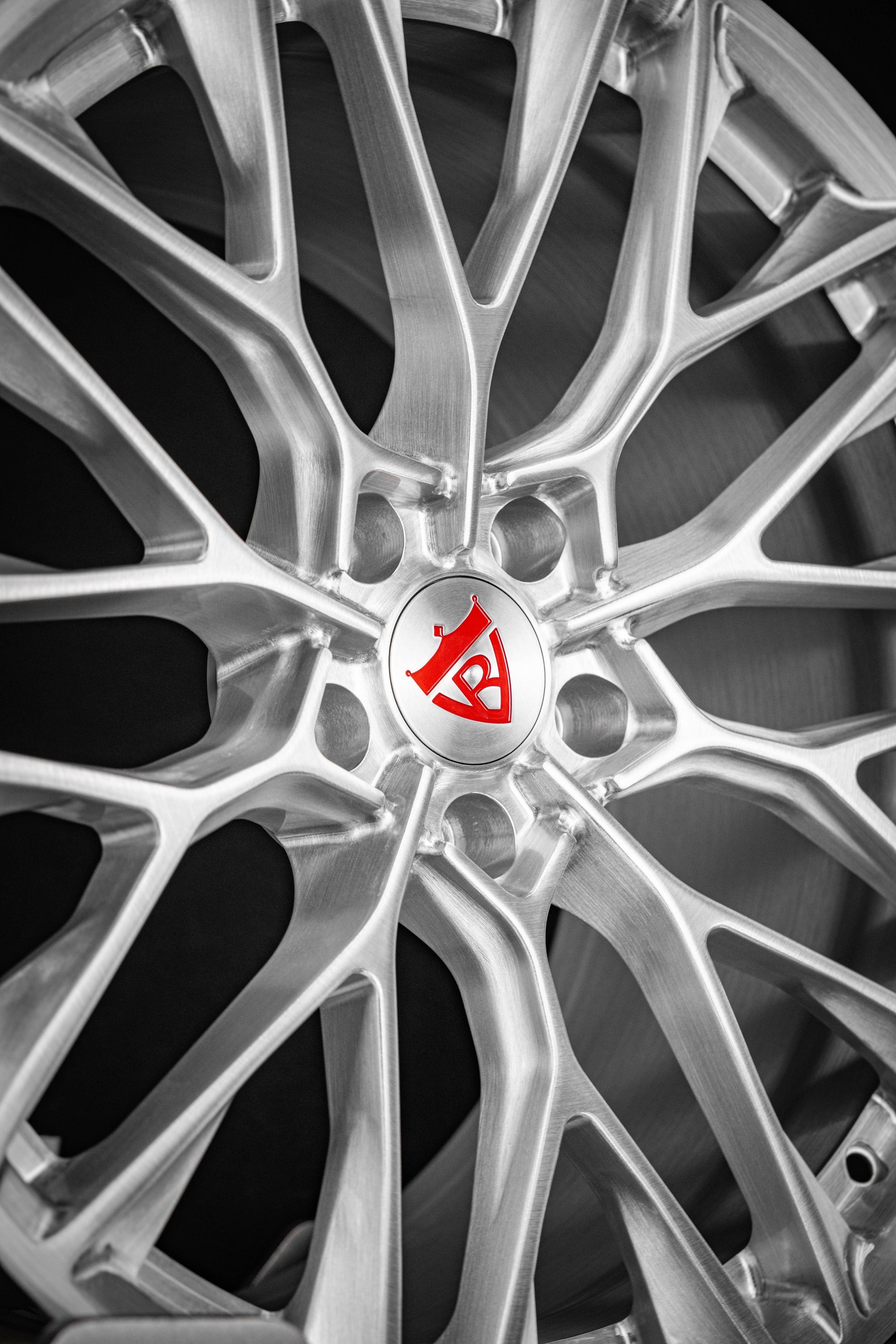 Close-up of Corvette C7 Z06 MP184 custom forged brushed aluminum wheels by RVRN Wheels