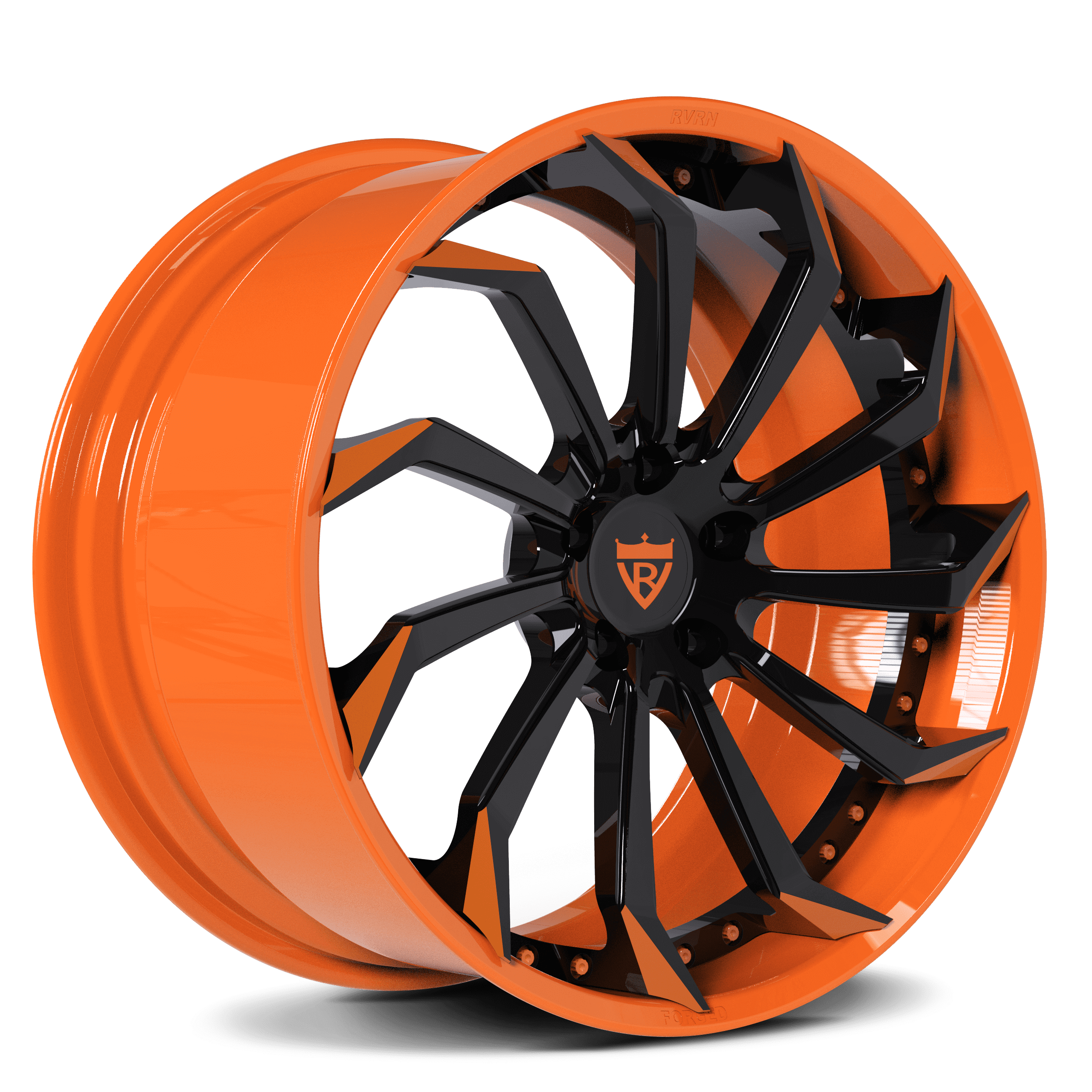 Custom forged 2-piece orange and black wheel for Corvette C1-C8 with aggressive style, available in 19-inch and 20-inch staggered fitments, free shipping