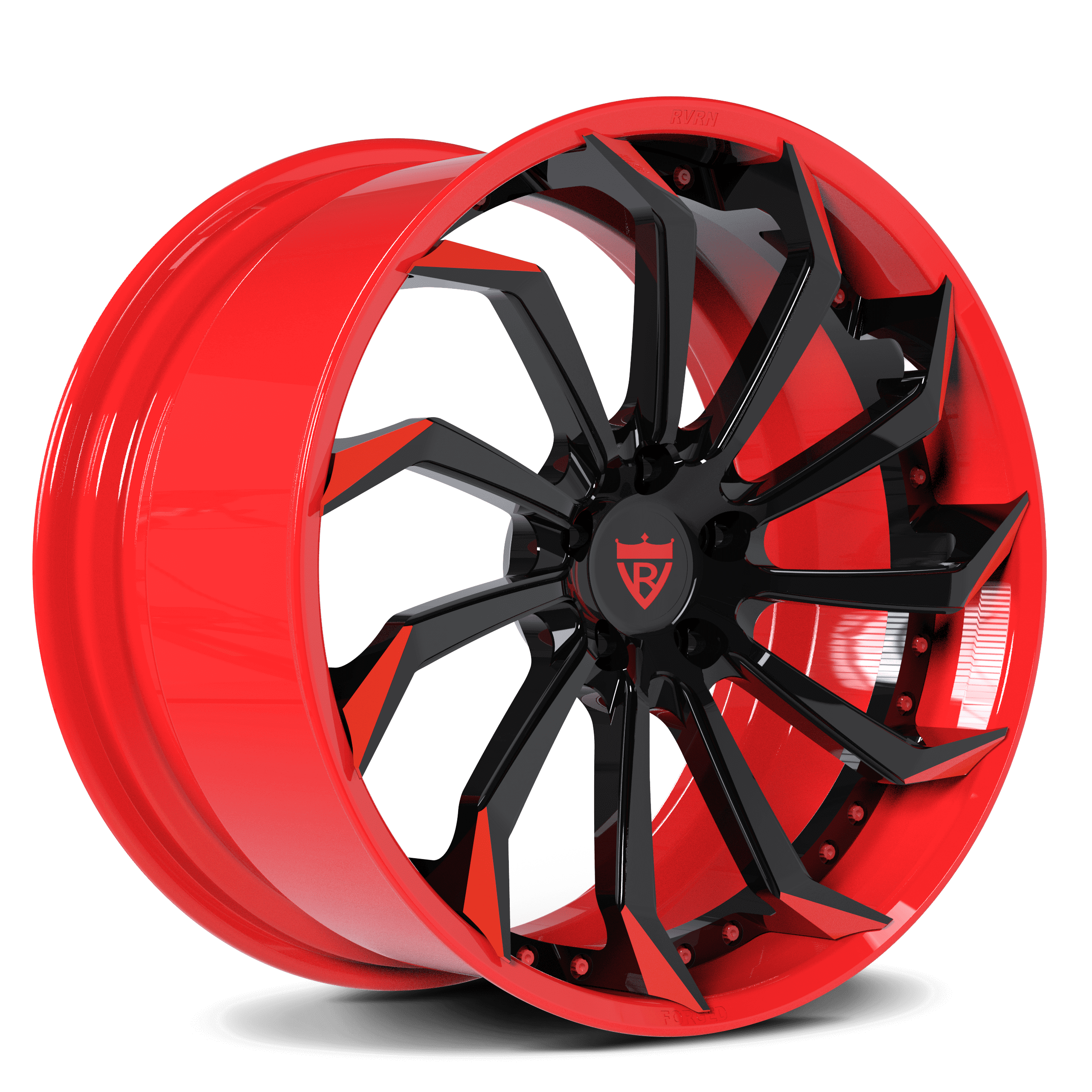 Custom forged 2-piece RV-DC01 wheel for Corvette C1-C8 with aggressive style in red and black, 19-inch staggered fitment, free shipping.